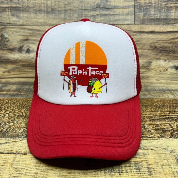 Defunct Pup 'N Taco Mens Trucker Hat Red Snapback Fast Food Chain Vintage Logo - Picture 2 of 8